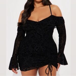 Fashion Nova Black Misty Burnout Velvet Mesh Micro Mini Dress Long Bell Sleeve